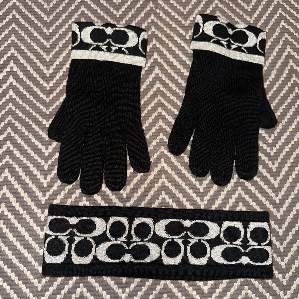 Coach Black & Silver w/Slight Sparkle Signature Knit Gloves with Ear Warmer